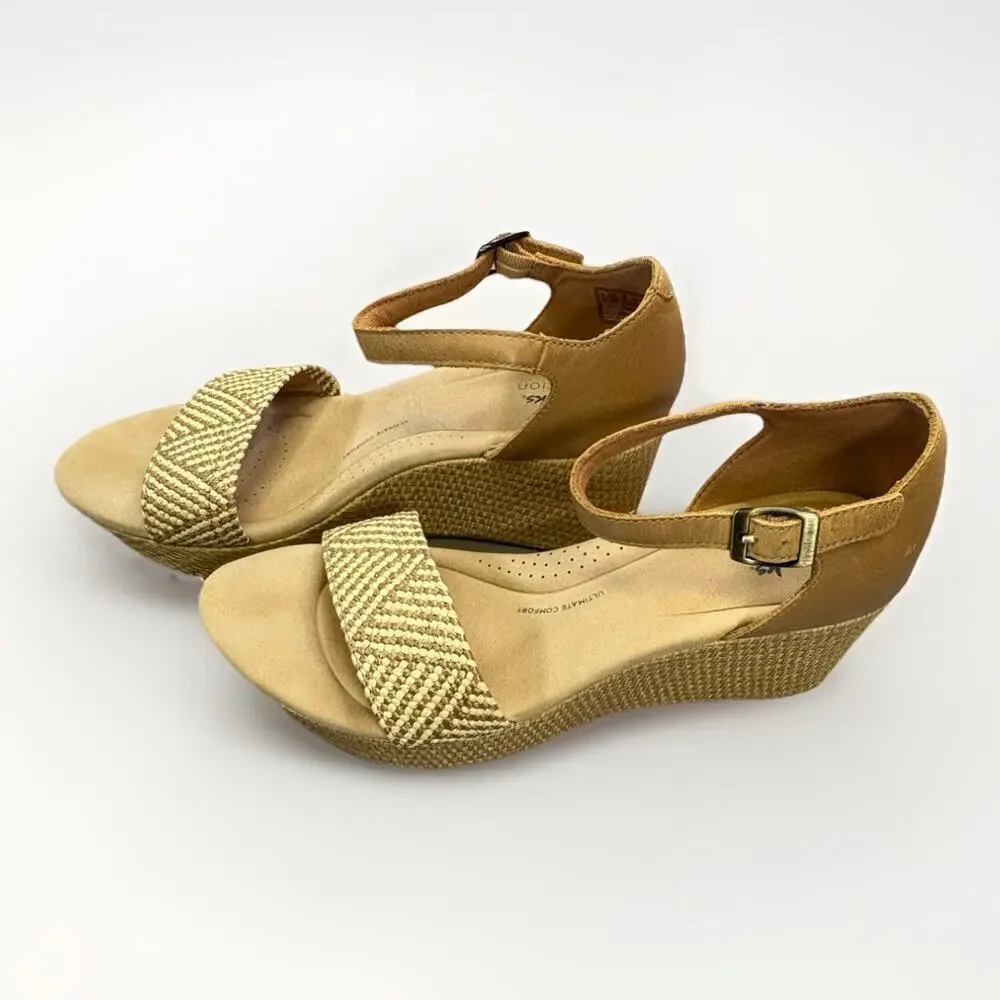 Clark’s Collection Women’s Wedge Sandal Woven Toe Strap, Ankle Buckle Size 10